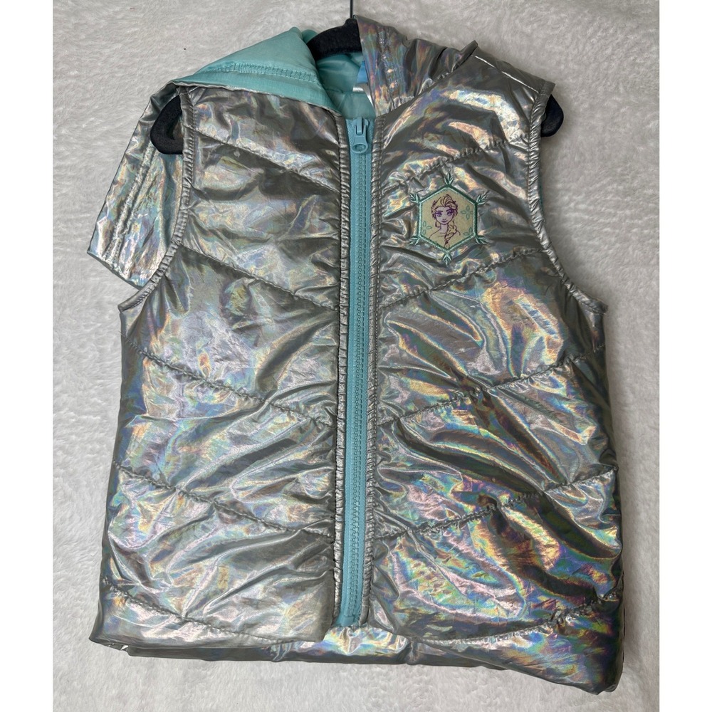 Disney Frozen Puffer Vest Girls Size 4 Silver Holographic Elsa Hooded